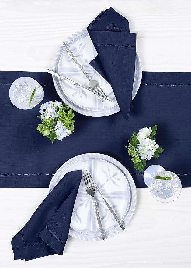 Solino Home Linen Navy Blue Table Runner 144 Inches Long - 100% Pure Linen Extra Long Table Runner 14 x 144 Inch for Easter - Classic Hemstitch