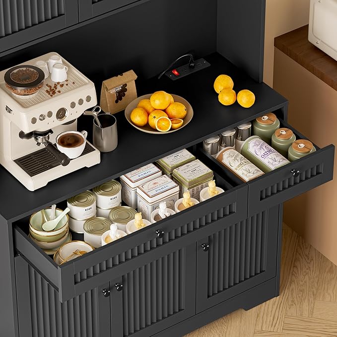 Pantry Cabinet with Charging Station and Light, Tall Kitchen Pantry Storage Cabinet with Microwave Stand, Wide Fluted Kitchen Hutch with Storage Drawers and Adjustable Shelves for Dining Room