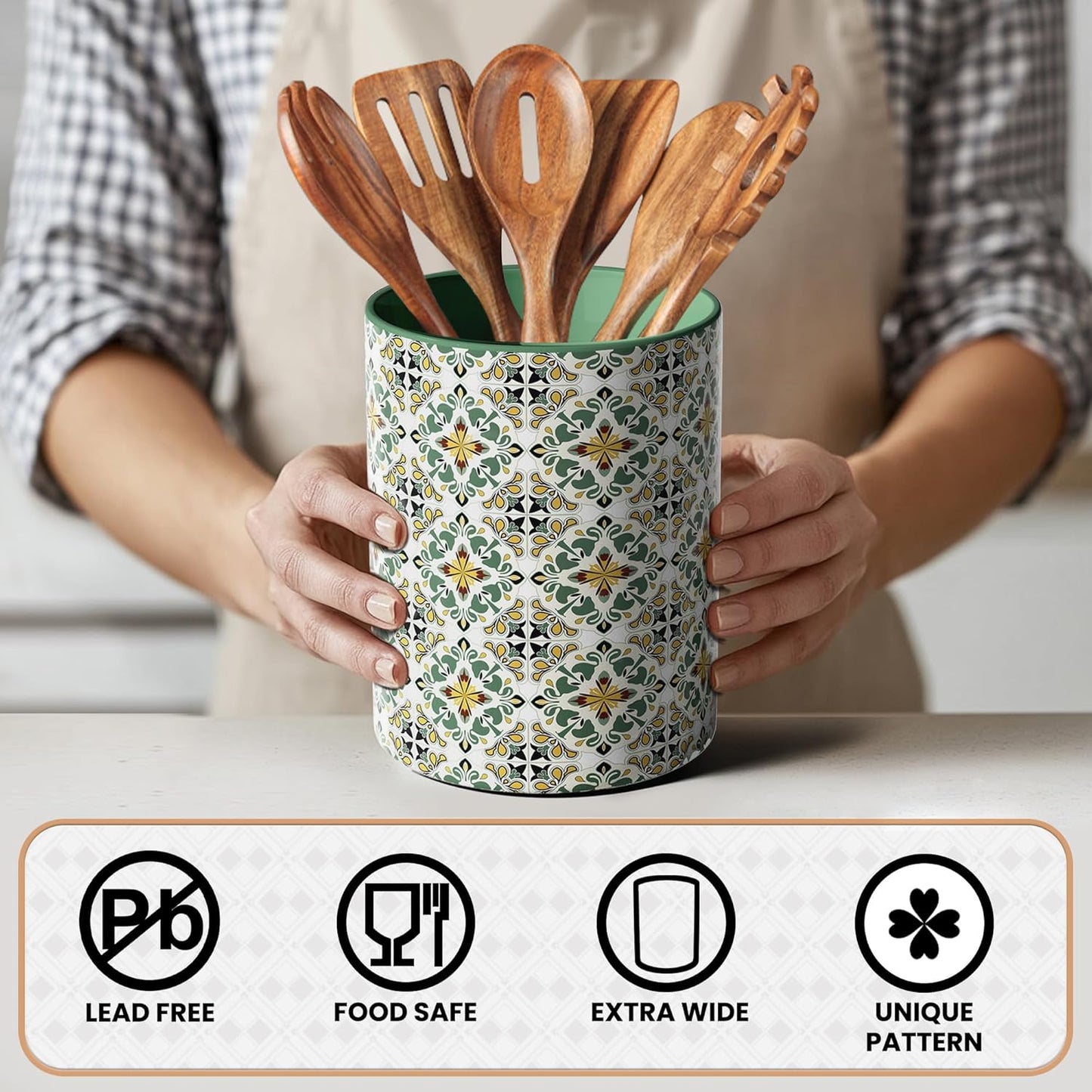 Ceramic Kitchen Utensil Holder for Countertop, Embossed Pattern Crock with Kiln-Fired Finish, Counter Organizer for Cooking Tools , Green