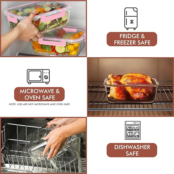 Razab 4 Pcs 1860ml / 63 Oz Large Glass Food Storage Containers with Lids - Glass Meal Prep Containers with Locking Lids for Roasting, Storing Leftover, Lunch Container, BPA Free, Microwave & Oven Safe