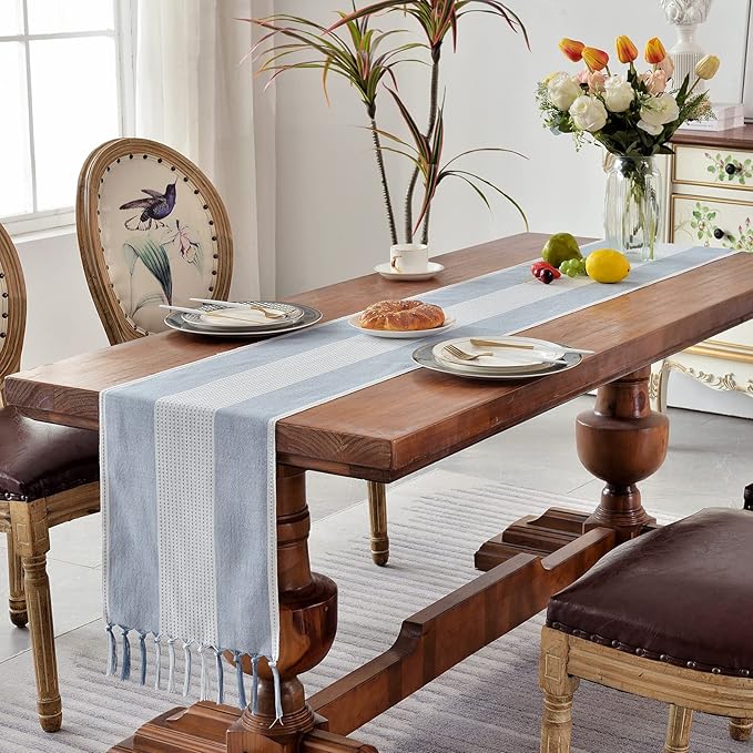 Wracra Linen Table Runner, Farmhouse Macrame Table Runners 60 Inches Long for Dining Table Decor, Wedding, Party and Dresser Decor (Blue,60")