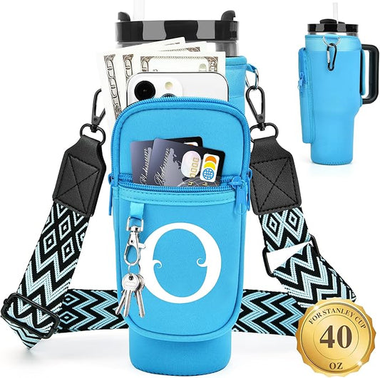 LOKASS Personalized Water Bottle Holder with Strap for Stanley Cup Accessories 40 oz Tumbler, Initial Water Bottle Carrier Bag/Phone Pocket, Mother's Day/Birthday Gifts for Women/Girls
