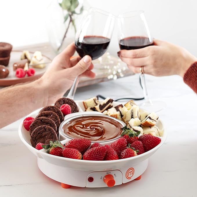 MasterChef Chocolate Fondue Maker- Valentine Must Have- Electric Dessert Fondue Pot Set w 4 Forks, Party Serving Tray- Melt Warm Settings for Caramel Cheese- Charcuterie Appetizers, Sweet Gift for Her