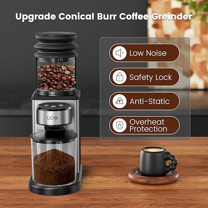 UDW Home Coffee Grinder, Conical Burr Grinder with 25 Settings, 60-Second Timer, Stainless Steel, Anti-Slip Base, Anti-Static, Easy to Clean