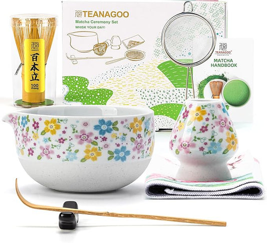 TEANAGOO Matcha Whisk Set,7 Pcs Matcha Set White,Ceremony Matcha Kit,Matcha Tea Set for Making Latte,Ceramic Bowl(chawan) whith Spout and Whisk,Gift for Matcha Lovers