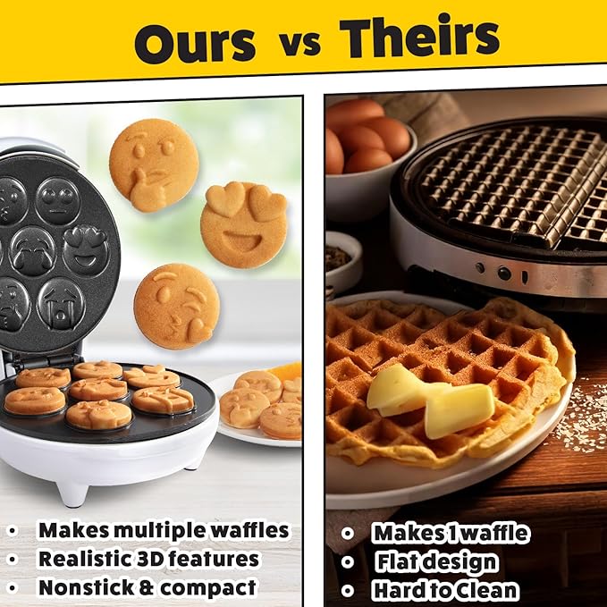 Mini Emojis Waffle Maker for Valentine's Day Breakfast- Make 7 Unique Smiley Face Waffles Pancakes for Kids- Electric Non-Stick Iron Feat Kiss Face Heart Eyes & Smile w Recipe Guide- Licensed by Emoji