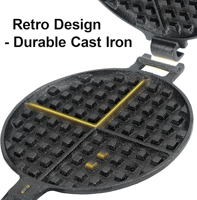 Cast Iron Waffle Maker for Stovetop or Grill, 7 inch Round Waffle Iron, Two Piece Hinged Non-Electric - Quick Heating, Easy Clean