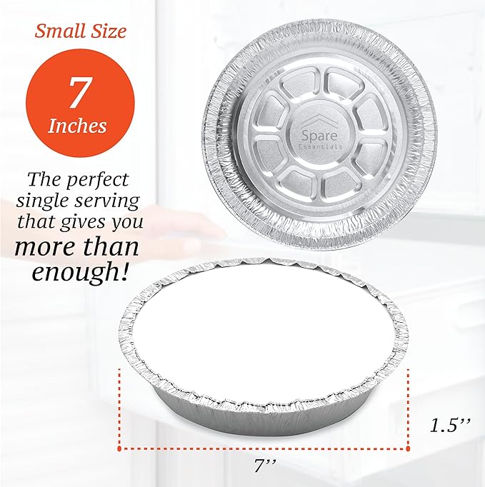 Spare Essentials (55 Pack) 7" Round Foil Pans with Lids - Small Aluminum Pans - Freezer & Oven Safe Round Aluminum Pans with Lids - Takeout Containers for Baking, Roasting, Air Fryer Food Storage