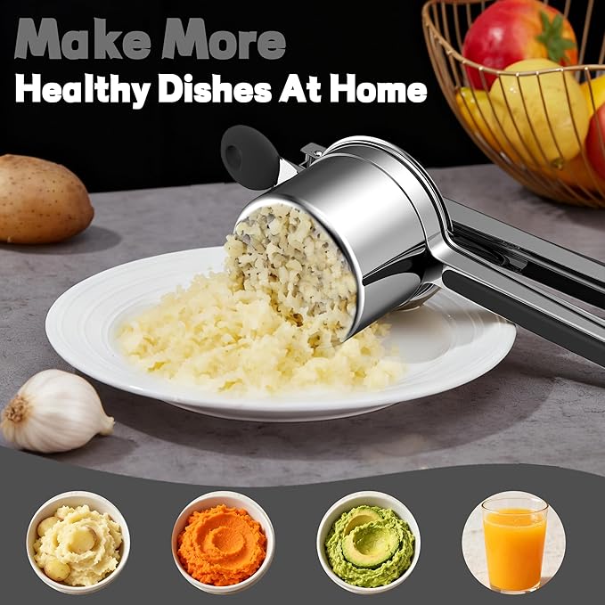 Large 15oz Potato Ricer for Mashed Potatoes, Heavy Duty 18/8 Stainless Steel Potato Masher for Baby Food & Spaetzle Maker, Masher and Ricer Kitchen Tool, Press and Mash Kitchen Gadget, Black