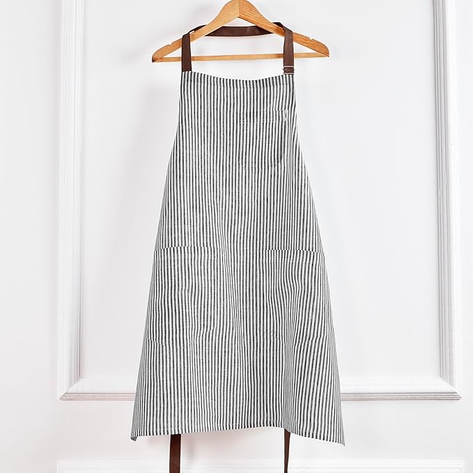Solino Home Linen Bib Apron for Men & Women - 33 x 30 Inch Kitchen Apron with Front Pockets - Handcrafted from European Flax