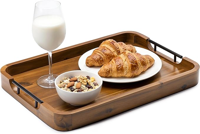 Acacia Wood Ottoman Tray with Handles - Round - Serving Trays for Living Room -Wooden Trays for Decorative for Kitchen Counter, Coffee Table (Acacia Color, 20" x 14" x 2")