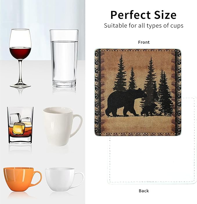 Marble Coasters Square Leather Drinks Coaster Set with Holder for Coffee Table Bar Home Decor 4 Inches Set of 6 (Forest Animals, One Size)