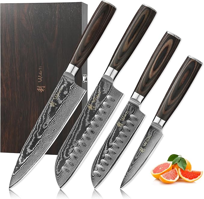 Wakoli EDIB Essentials 4-Piece Damascus Knife Set – Professional Kitchen Knives with VG10 Core, 67-Layer Damascus Steel Blades – Santoku, Chef, Small Santoku & Paring Knife with Pakkawood Handles