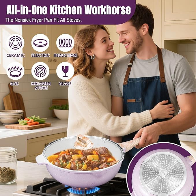 AOSION 11 Inch Nonstick Ceramic Deep Frying Pan Skille with Lid,5QT Sauté Pan for Cooking with Steam Rack,Healthy Large Skillet,Stay Cool Handle, Induction Compatible, PFOA & PFAS Free. (12IN-PURPLE)