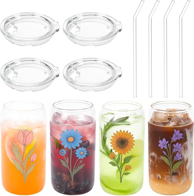 16OZ Drinking Glass Cup with Tritan Lid and Straw 4pcs Set Cute Iced Coffee Cup Aesthetic Glass Tumbler with Flower Design Ideal Gift for Women, Birthday, Christmas, Beer Glasses for Bar Accessories