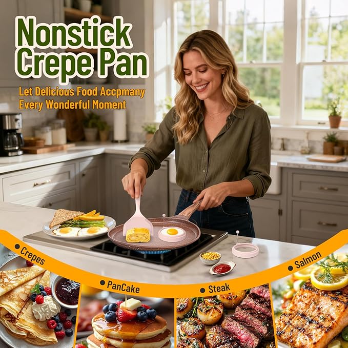 AOSION Crepe Pan Nonstick 11 Inch,Dosa Tawa Creamic,Tortilla pan For Pancake Steak Crepe Salmon,Flat Pan With Ergonmic Handle For All Stoves Top,Brown