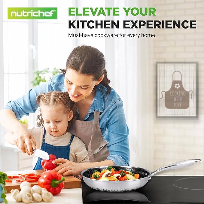 NutriChef 10” Non-Stick Stainless Steel Frying Pan with Lid, Triply Stainless Steel Cookware, Etched Non-Stick Coating, Oven & Induction Safe, Premium Stainless Steel Frying Pan, PFOA/PFOS Free