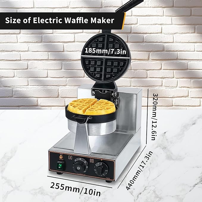 Commercial Waffle Maker, belgian waffle maker, 1000W Round Waffle Iron, Non-Stick Waffle Baker Machine with 122-572℉ / 50-300℃ Temp Range Teflon-Coated Baking Pans Stainless Steel Body