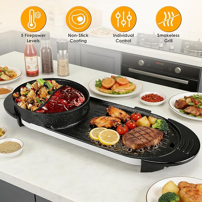 2200W Hot Pot with Grill 2 in 1 Electric Shabu Shabu Pot with BBQ Grill Cooker Indoor Smokeless Non-Stick Korean BBQ Grill with Independent Temperature Control 5 Gears Firepower for 2-10 People