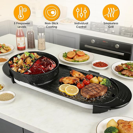 2200W Hot Pot with Grill 2 in 1 Electric Shabu Shabu Pot with BBQ Grill Cooker Indoor Smokeless Non-Stick Korean BBQ Grill with Independent Temperature Control 5 Gears Firepower for 2-10 People