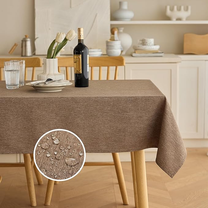 Decorative Linen Rectangle Table Cloth for Dining Room, Café, Birthday Party-Waterproof, Wrinkle Free Table Covers for Thanksgiving, Wedding (Oblong 60 x 144 Inch (12-14 Seats), Coffee)