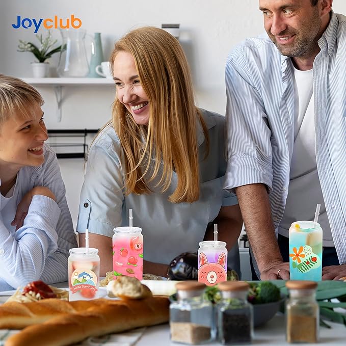 Joyclub 12 Pack Sublimation Cups 16 OZ Frosted Glass Cans Blanks with Clear Lids Mason Jars for Iced Coffee Beer Juice and Soda Drinks