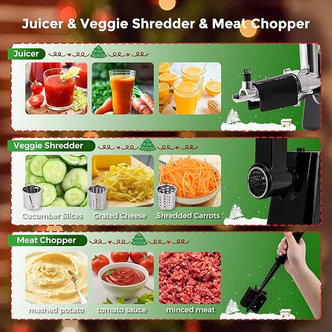 Flyseago Electric Meat Grinder, Cheese Grater 3000W Multifunctional Meat Grinder with Juicer, Vegetable Cutter Veggie Slicer, Shredder, Meat Chopper, Sausage Stuffer, Kubbe Kit, Home Use