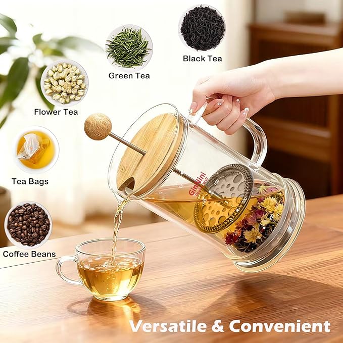 GinNini 34-Ounce French Press Coffee Maker, Double Wall Borosilicate Glass Carafe with Removable Stainless Steel Filter and Shaft with Enlarged Bamboo Knob and Lid,Heat-Resistant for Coffee and Tea