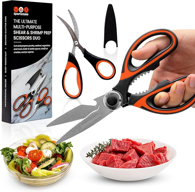 SpartaSake 2-Pack Premium Stainless Steel All Purpose Kitchen Shears with Sleeve - Heavy Duty Ultra Sharp kitchen Scissors for Food-Multipurpose Food Scissors for Meat Poultry Vegetable (Black-Orange)
