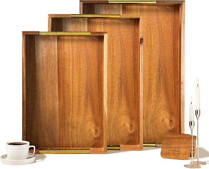 3 Pcs Acacia Wood Serving Trays with Golden Steel Handles 18", 16" & 14" with 6 Coasters - for Coffee Table, Ottoman in Living Room, Breakfast in Bed, Jewelry, Decorative, BBQ, Charcuterie