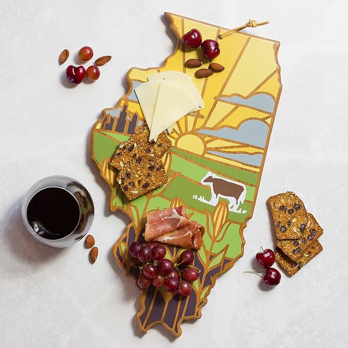 Totally Bamboo Illinois State Shaped Cutting Board and Charcuterie Serving Platter with Artwork by Summer Stokes, Includes Hang Tie for Wall Display