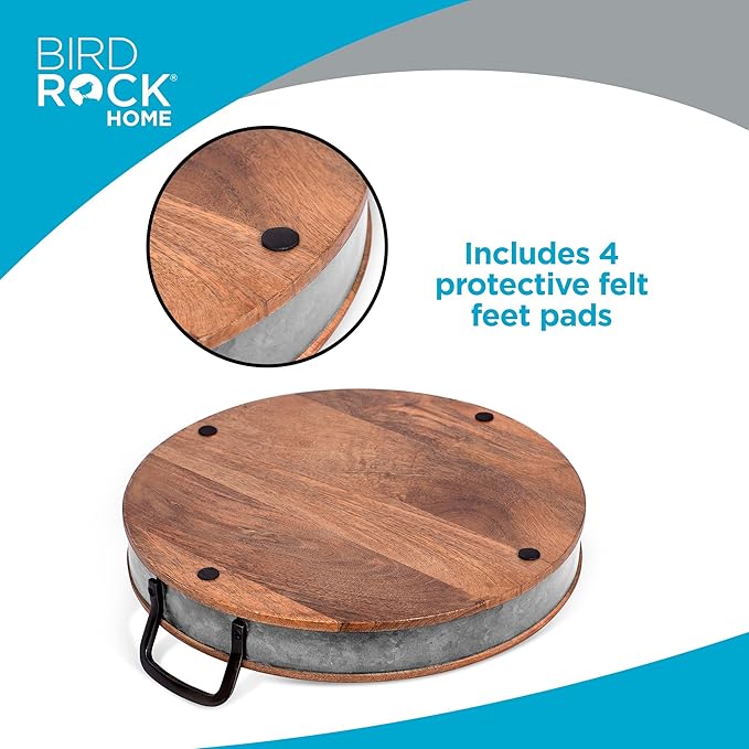 BIRDROCK HOME Large Round Wooden Serving Tray with Handles & Iron Accents - Round Barrel Tray for Living Room, Kitchen, Coffee Table Decor, Breakfast, Cheese Board & Bar - Tray Platter in Lap & Couch