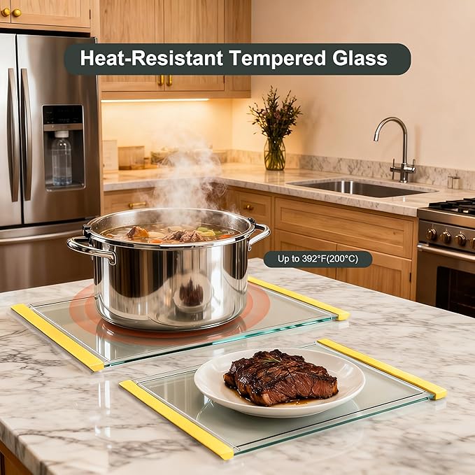 Tempered Glass Cutting Board Set for Kitchen Counter - Dishwasher Safe with Juice Grooves, Non-Slip Silicone Edges & Beveled Grip - 16"x12" & 12"x8" Serving Tray (Yellow)