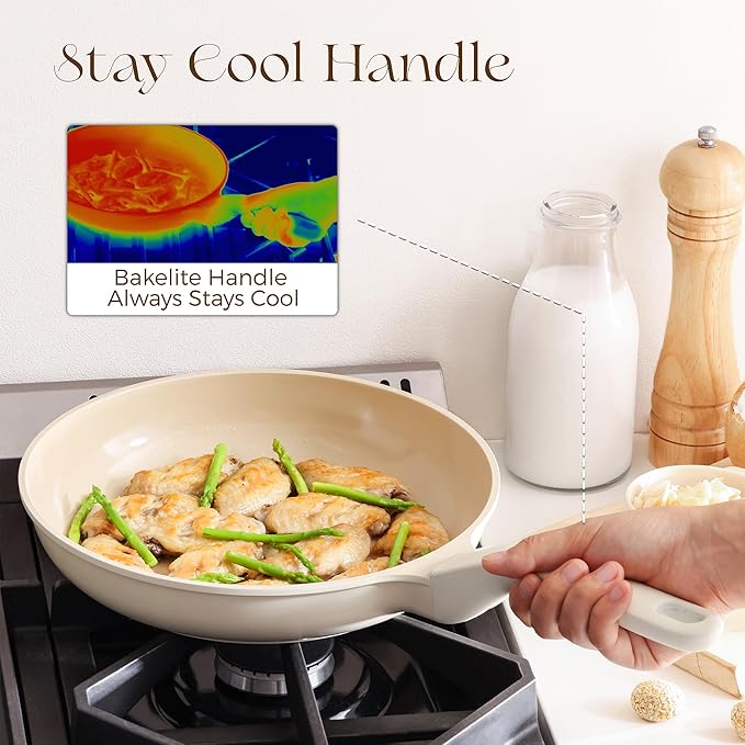 PRICUSIS 8Pcs Ceramic Nonstick Frying Pan Set with Lid, 8+10+12 Inch Induction Compatible Skillet with Stay Cool Handle, Fully Coated, 100% Dishwasher Safe, PFAS & PTFE & PFOA Free (Coconut White)