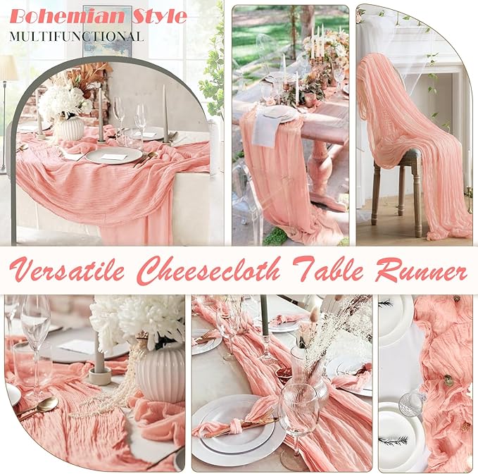 Peach Coral Cheesecloth Table Runner 1 Pack 35" Boho Gauze 120 inches Long Runner Rustic Sheer Fabric Bulk for Baby Shower Wedding Bridal Birthday Party Table Decorations