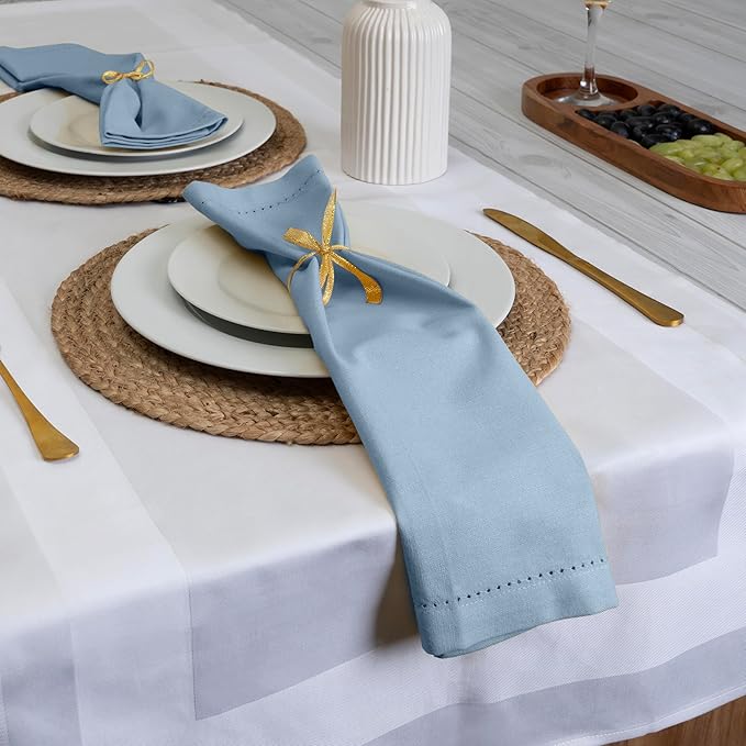Blue Needles Set of 12 Hemstitch Linen Napkins 100% Cotton Ice Blue Cloth Dinner Napkins 18x18 inches, Soft, Reusable, Absorbent, Washable, Ideal for Wedding Events, Parties & Everyday Use