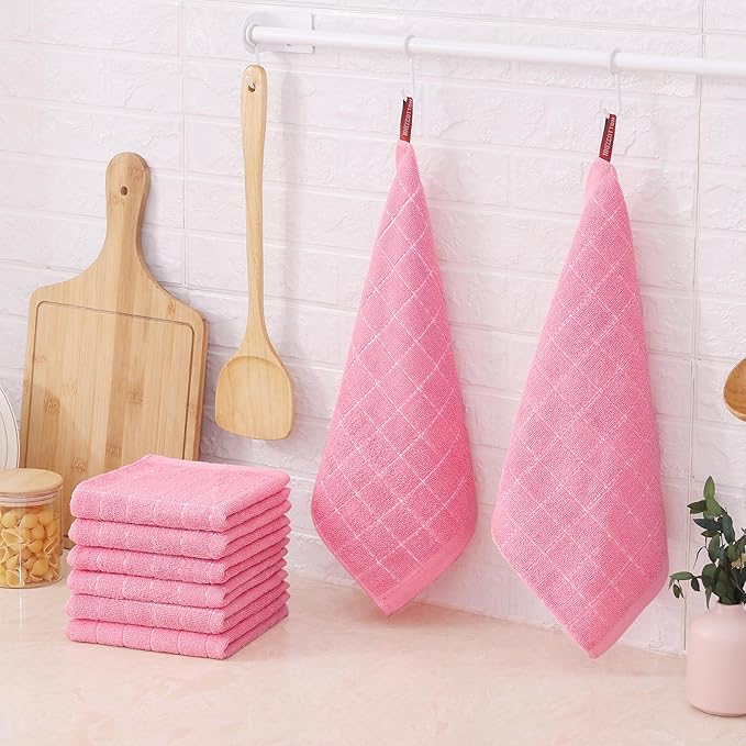 Mordimy 100% Cotton Terry Cloth Dish Cloths, Soft and Absorbent Checkered Dish Towels, Quick Drying Dish Rags for Washing Dishes, 6 Pack, 12 x 12 Inches, Pink