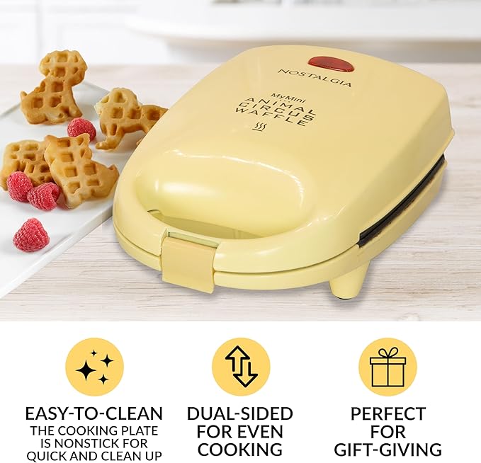 Nostalgia MyMini Personal Electric Animal Circus Waffle Maker, Waffle Iron makes Cat, Dog, Elephant, Lion, Yellow
