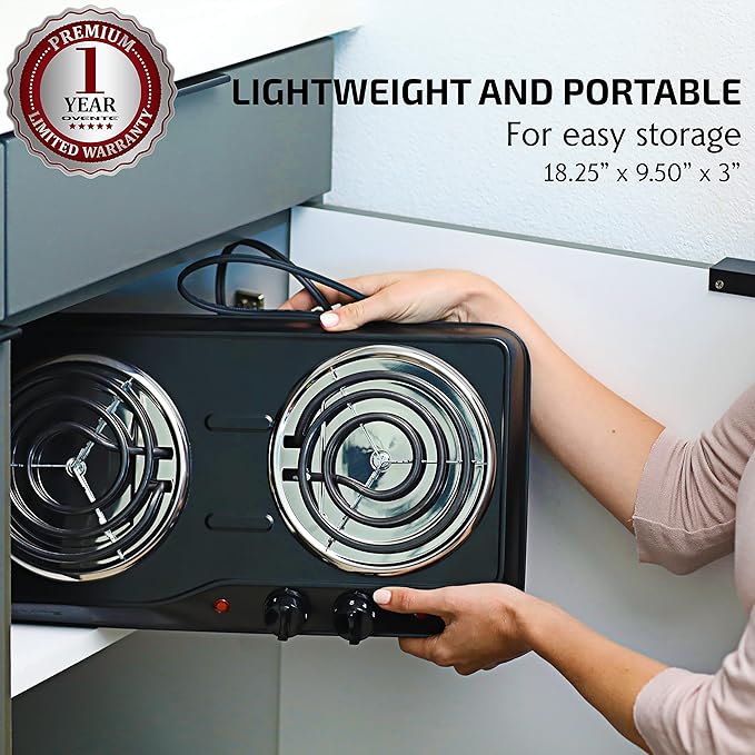 OVENTE Electric Countertop Double Burner, 1700W Cooktop with 6" and 5.75" Stainless Steel Coil Hot Plates, 5 Level Temperature Control, Indicator Lights and Easy to Clean Cooking Stove, Black BGC102B