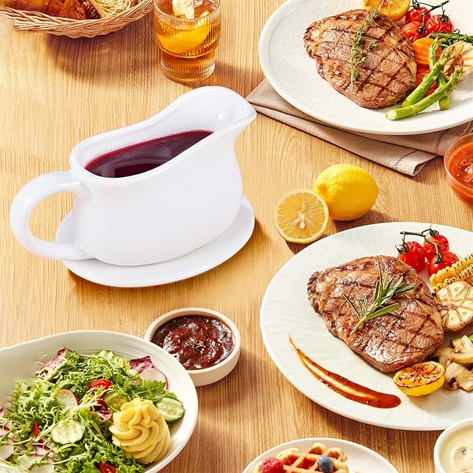 Gravy Boat, Sauce Boat 18 oz Gravy Bowl with Tray, Ceramic Serving Dish for Sauces, Dressings and Creamer with Large Handle, Designed for Microwave Safe Omesata