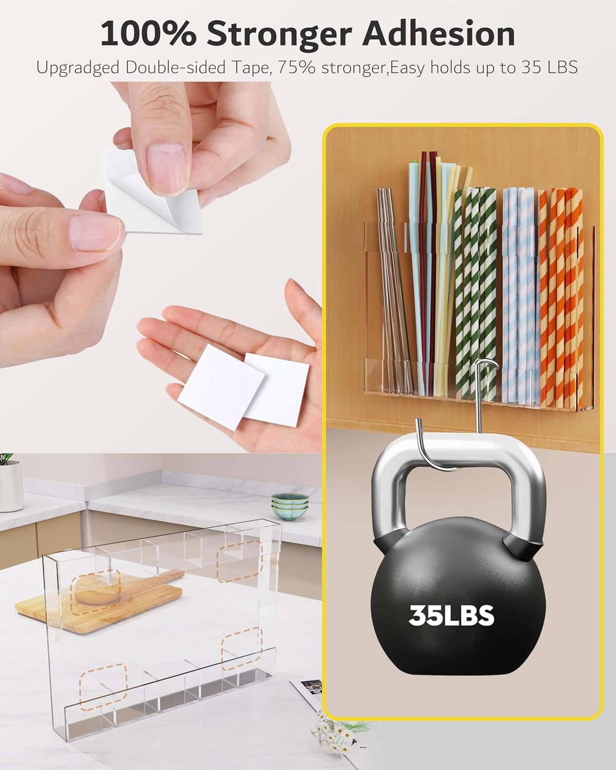 Upgraded 9.6'' Large Acrylic Straw Holder for Cabinet Door, Space-Saving Straw Organizer Storage Dispenser for Cabinet Doors or Countertops, Strong Adhesive Double-sided Tape Included