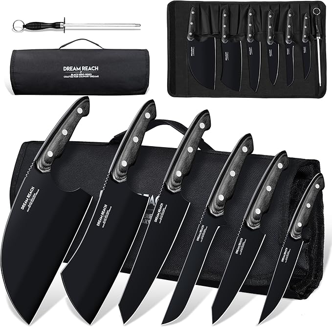 Dream Reach Chef Knife Set - 6PCS Hand Forged Black Butcher Knife Set for Meat Cutting, Serbian Cleavers with A Roll Bag for Kitchen Camping BBQ Outdoor, Birthday Mother Father Gift Idea