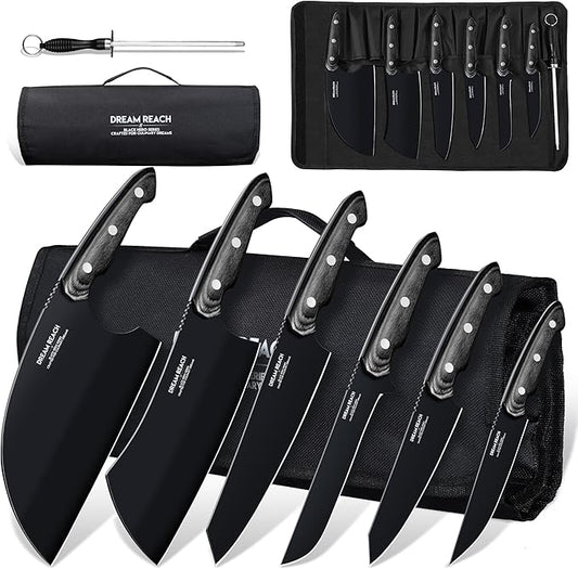 Dream Reach Chef Knife Set - 6PCS Hand Forged Black Butcher Knife Set for Meat Cutting, Serbian Cleavers with A Roll Bag for Kitchen Camping BBQ Outdoor, Birthday Mother Father Gift Idea