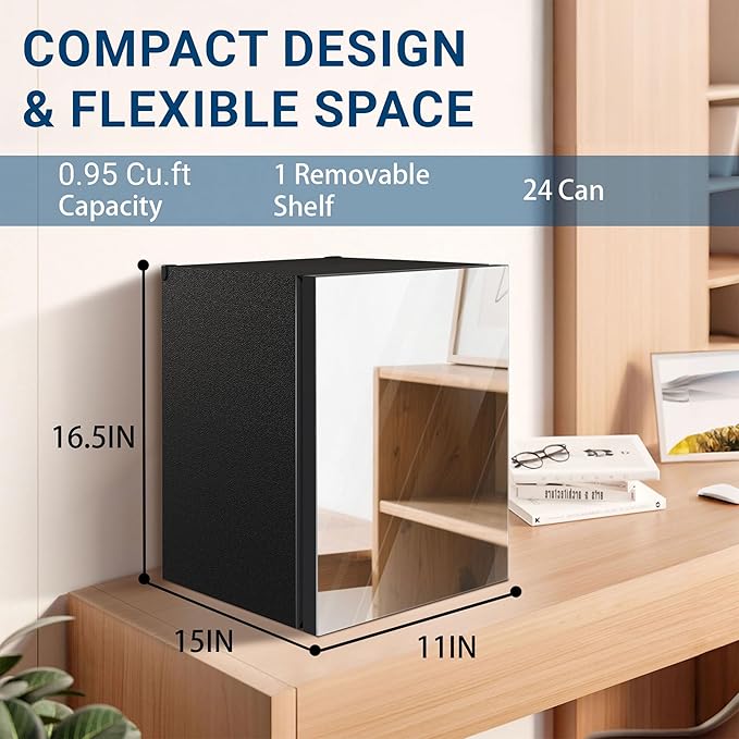 Compact Beverage Refrigerator,24 Can/0.95 Cubic Feet Fridge with Glass Front Door for Soda, Beer or Wine, Under Counter Small Refrigerator with Adjustable Shelve