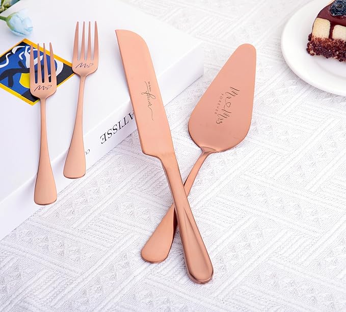 Wedding Cake Knife and Sever Set, Cake Cutting Set for Wedding, 4 pieces Mr and Mrs Cake Cutter and Forks, Birthday, Wedding Gifts, Bridal Shower Gifts for Couples (Rose gold)