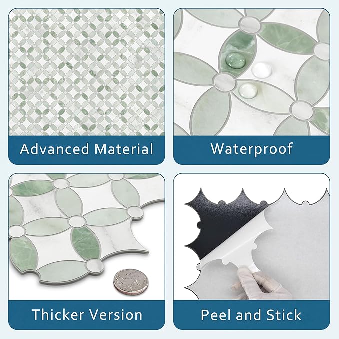 SUNWINGS 10-Sheet Peel and Stick Backsplash Coin Waterjet Tile, 11.2" x 11.2" Green Marble Looks Self Adhesive Wall Tile Stick on Backsplash for Kitchen, Bathroom, Fireplace, Shower