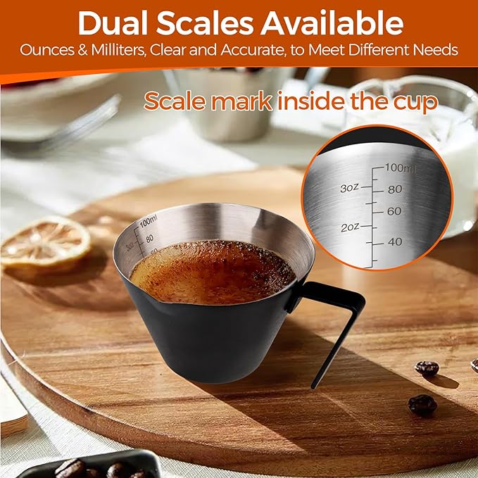 YARRAMATE 2Pcs Stainless Steel Espresso Shot Cup, Double Spout Metal Espresso Measuring Cup with V-Shaped Mouth, Espresso Accessories, 3.4OZ/100ML (Black)