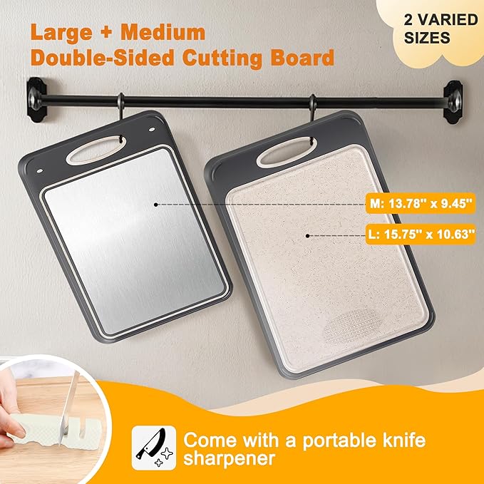 2Pack Stainless Steel Cutting Board,Double Sided Steel for kitchen Stainless Steel/Wheat Straw PP Cutting Board for meat, Large and Medium, Extra Pocekt Knife Sharpener