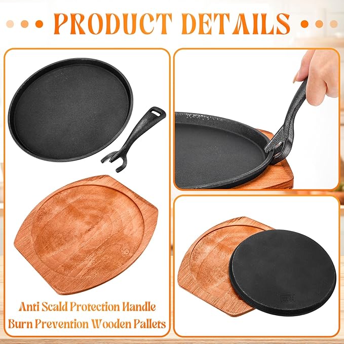 Mimorou 2 Sets Cast Iron Fajita Plate Set 9.84'' Steak Plate Sizzling Pan with Wooden Base and Gripper for Home Restaurant Kitchen Catering Cooking for Grilling Meats Seafood