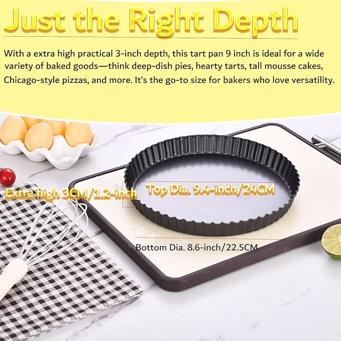 KUAYB 9 Inch Tart Pan with Removable Bottom, Quiche Pan Carbon Steel Heavy Duty Nonstick Pie Pan- Fluted Edges Loose Bottom, Extra Hgh 1.2-Inch Depth for Baking Fruit Tarts, Pies